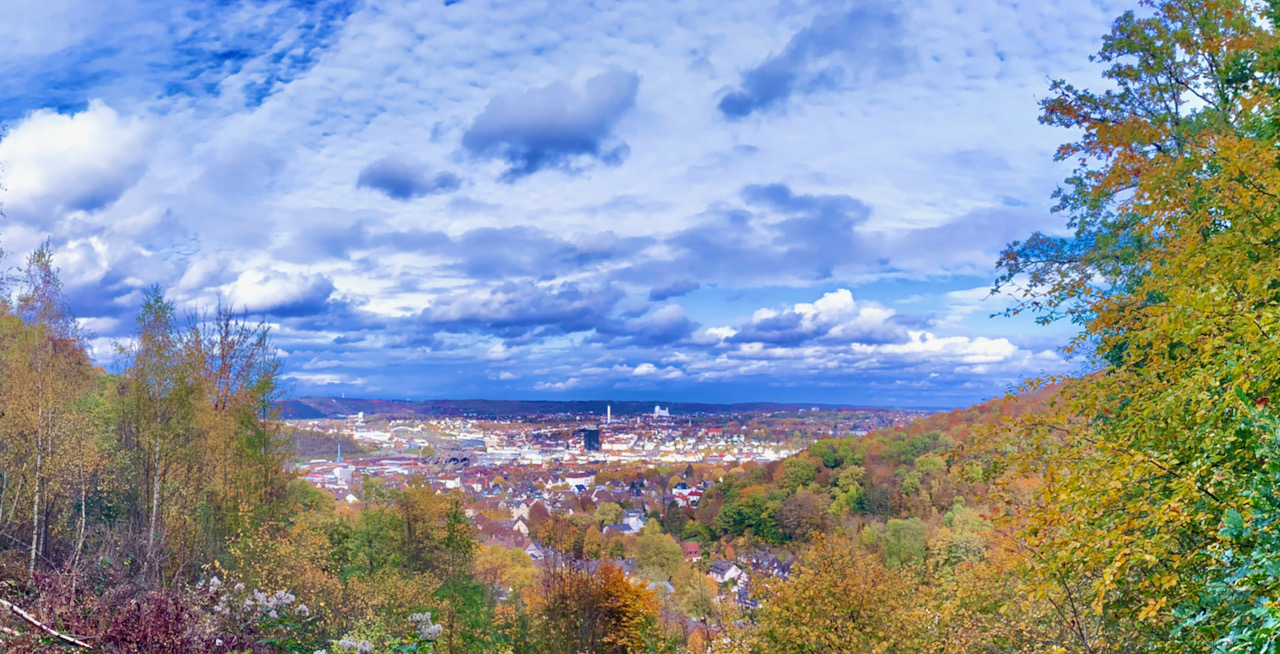 Blick vom Eugen-Richter-Turm auf das von grünen Bergen gesäumte Hagen.