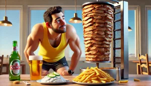 Ein Läuferischer bewundert einen Gyros-Spieß